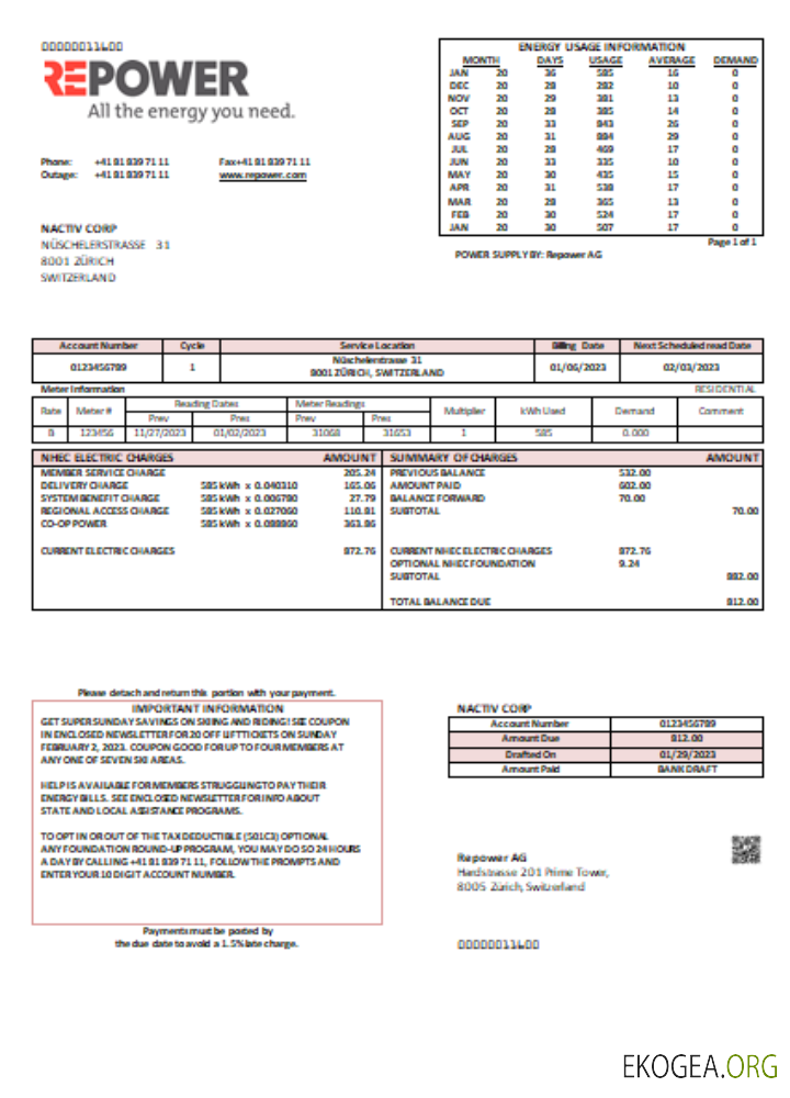 Facture commerciale de service public de Repower AG SCR